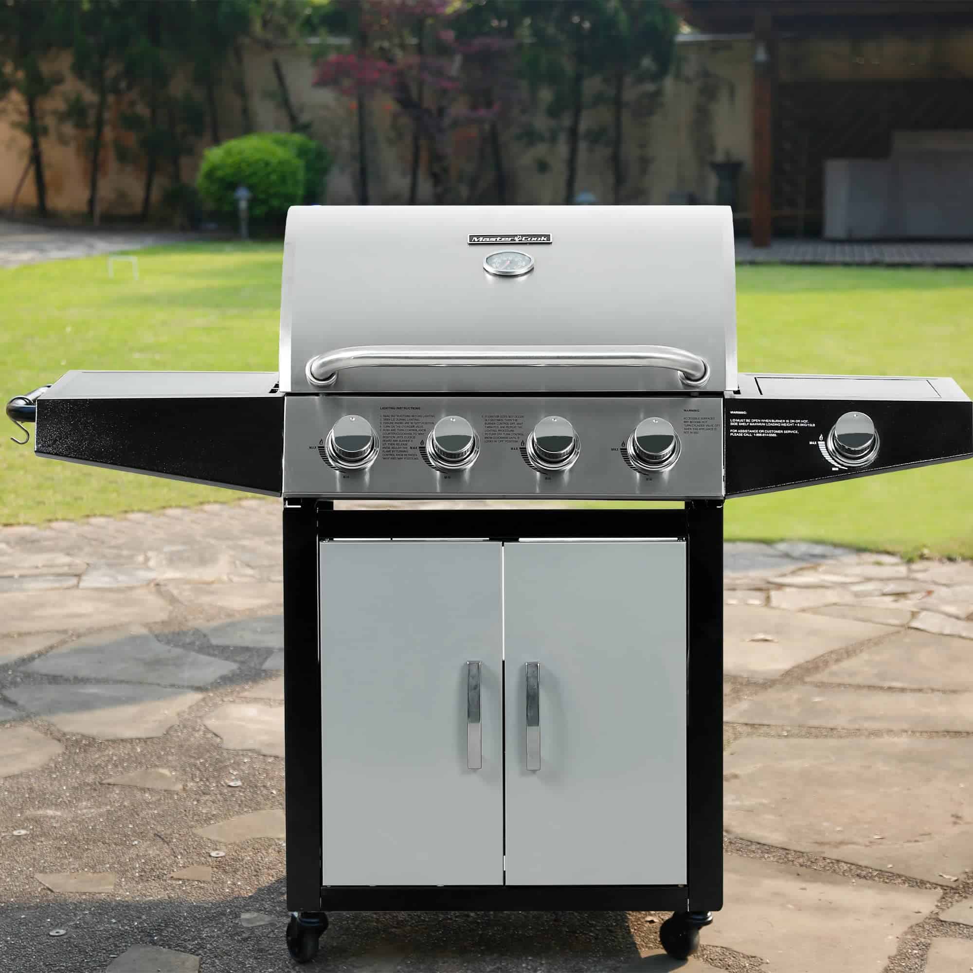 MASTER COOK Outdoor Propane Gas Grill, 4-Burner Gas Grill with Side Burner Liquid Propane Gas Grill BBQ Gas Grill, Silver Black