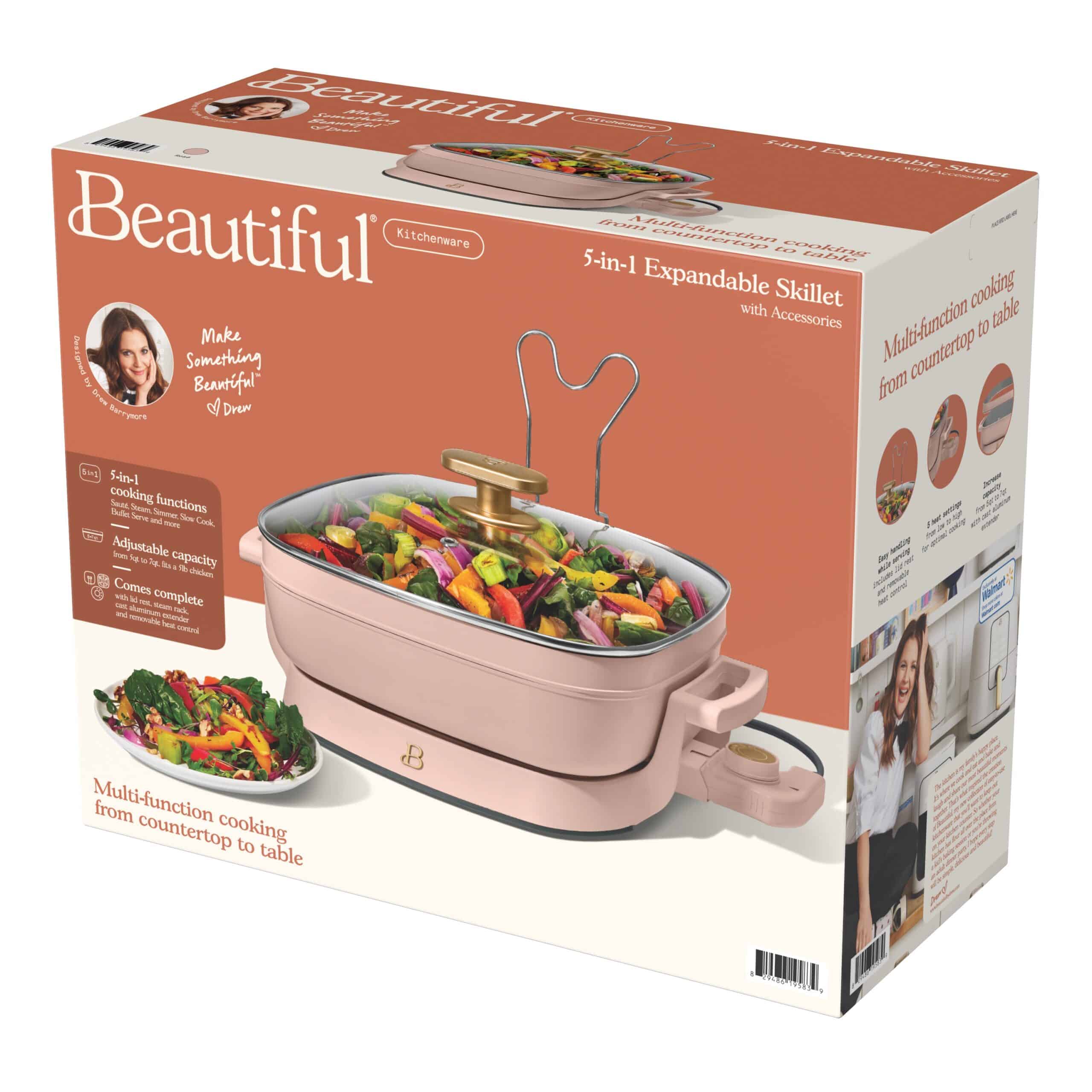 Beautiful 5 in 1 Electric Skillet - Expandable up to 7 Qt with Glass Lid, Rose by Drew Barrymore