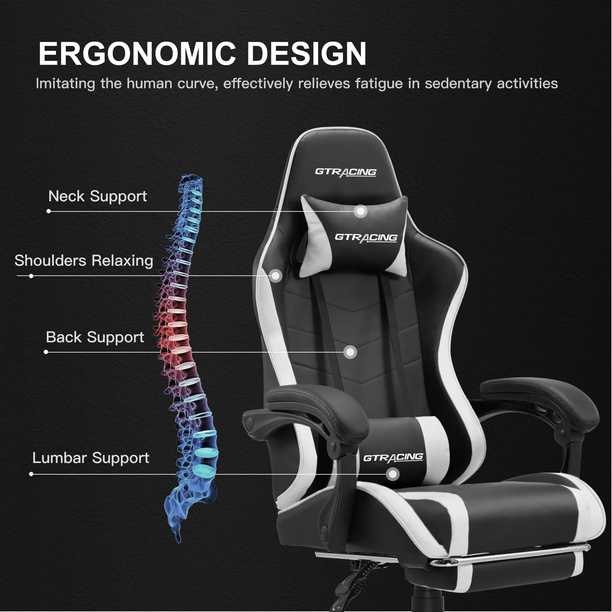 GTRACING GTWD-200 Gaming Chair with Footrest, Height Adjustable Office Swivel Recliner, White