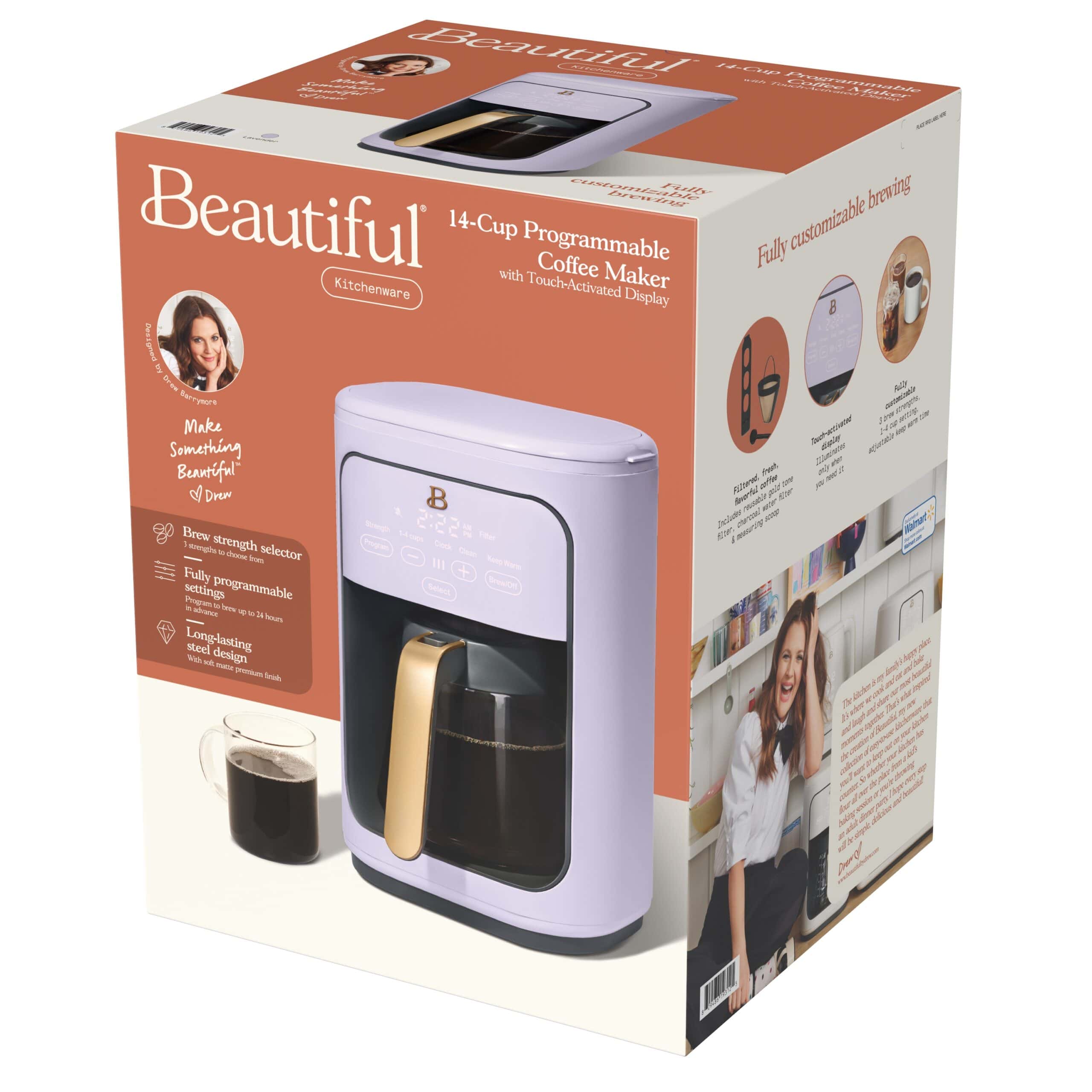 Beautiful 14-Cup Programmable Drip Coffee Maker with Touch-Activated Display, Lavender by Drew Barrymore