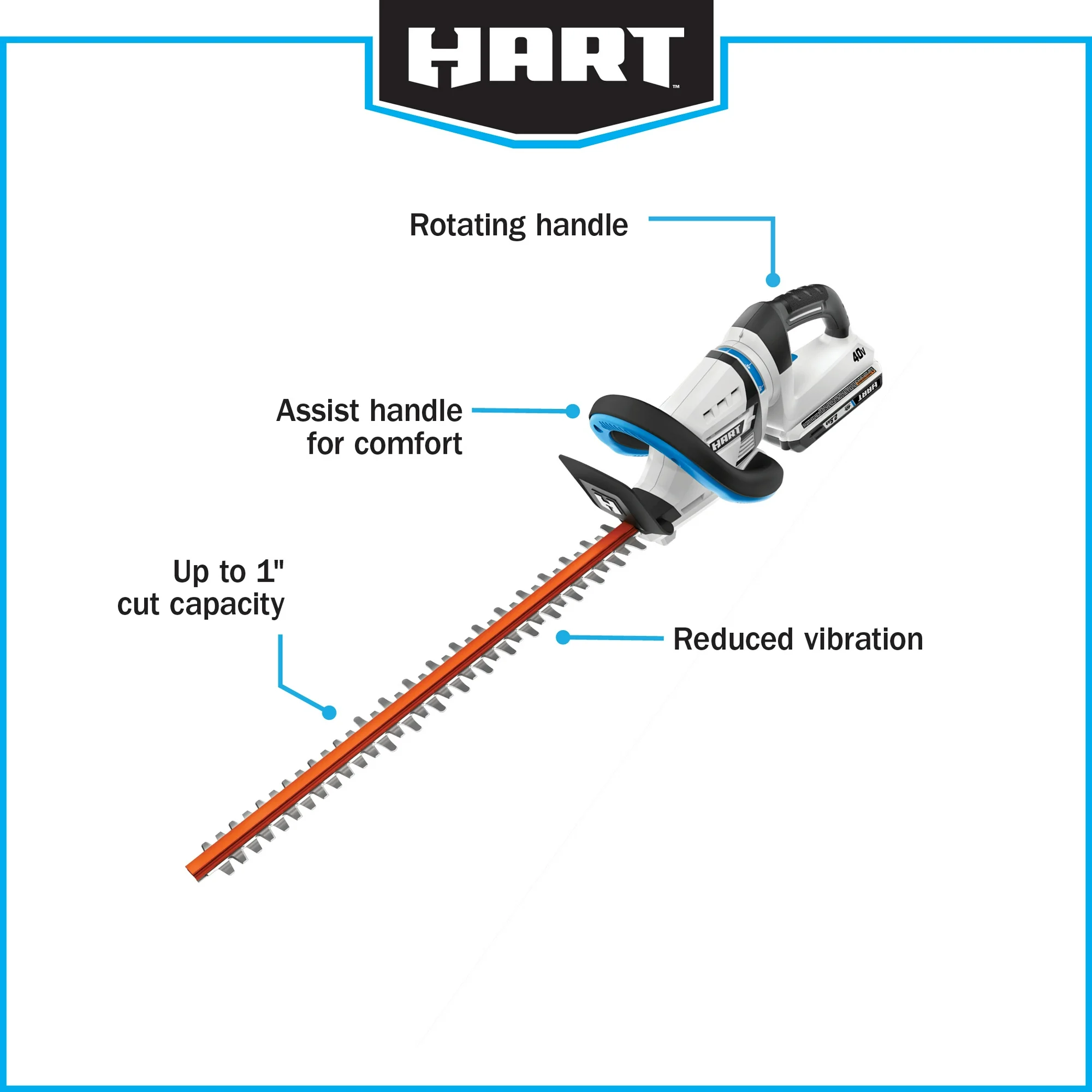HART 40-Volt 24-inch Cordless Hedge Trimmer Kit, (1) 2.5Ah Lithium-Ion Battery