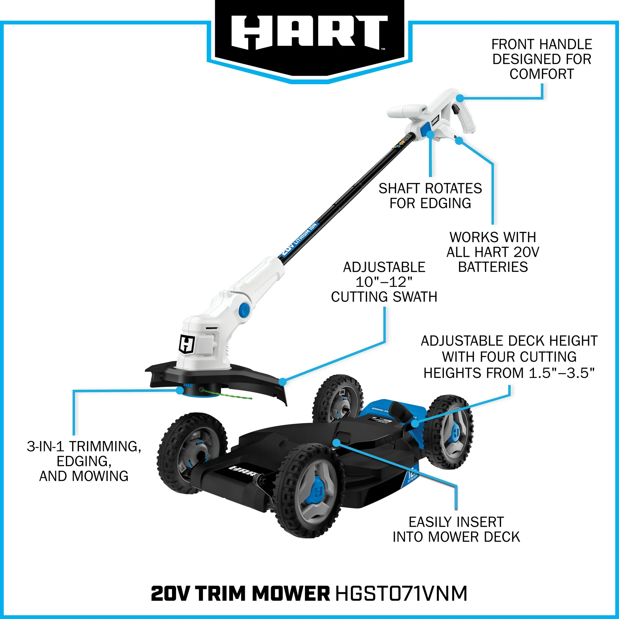 HART 20-Volt 12-inch Cordless Trim Mower Kit, (1) 4.0Ah Lithium-Ion Battery