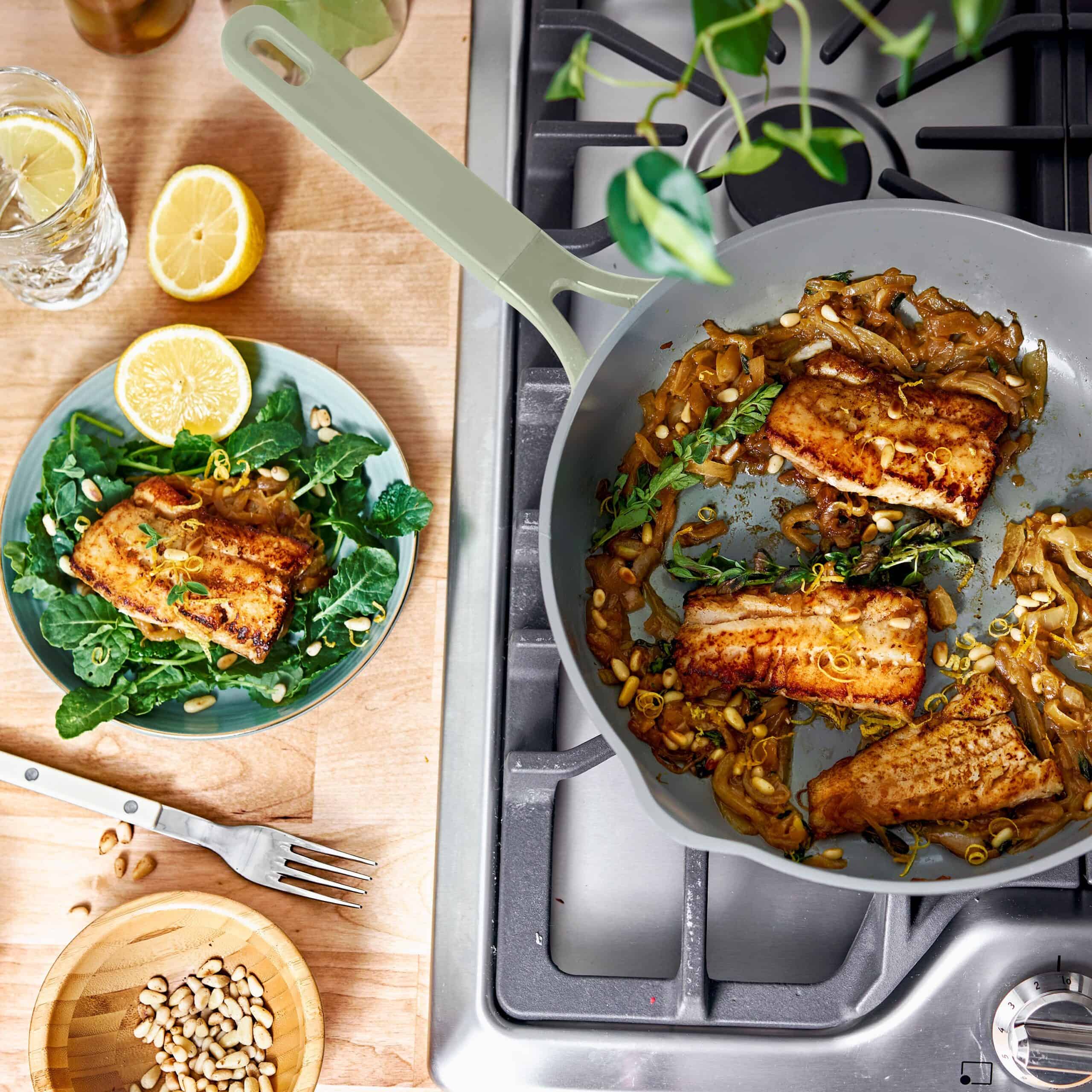 Beautiful All-in-One 4 QT Hero Pan with Steam Insert, 3 Pc Set, Sage Green by Drew Barrymore