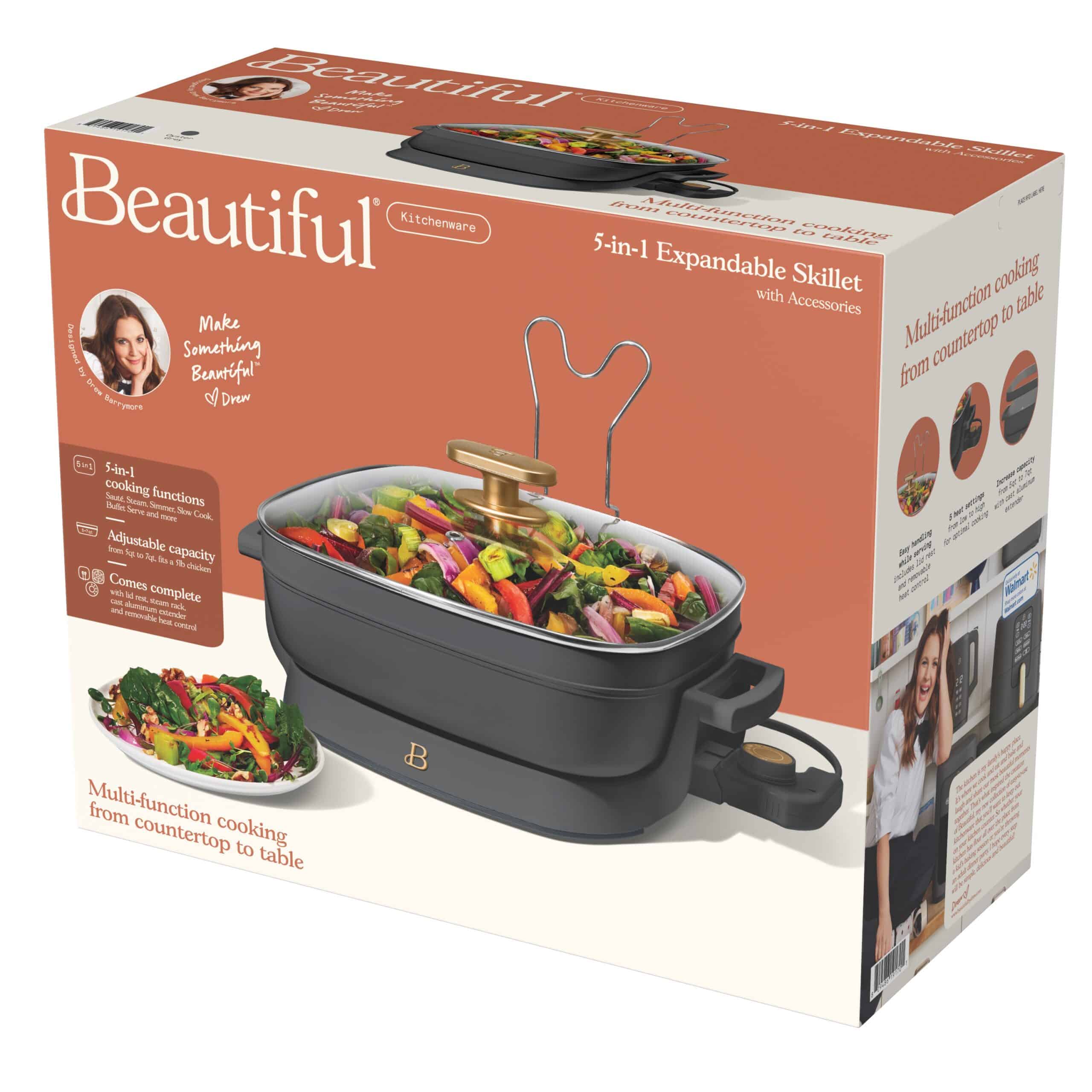 Beautiful 5 in 1 Electric Skillet - Expandable up to 7 Qt with Glass Lid, Oyster Gray by Drew Barrymore