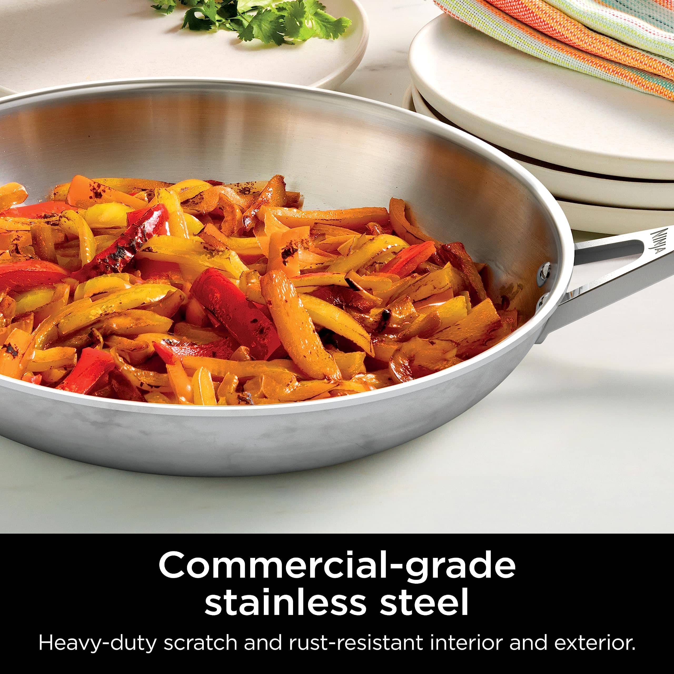 Ninja C90030 Everclad Commercial-Grade Stainless Steel 12" Fry Pan, Tri-Ply Pans, Oven Safe to 600°F, PTFE Safe, Stainless