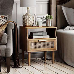 COZAYH Rustic Farmhouse Woven Fronts Nightstand, Spacious Storage End Table