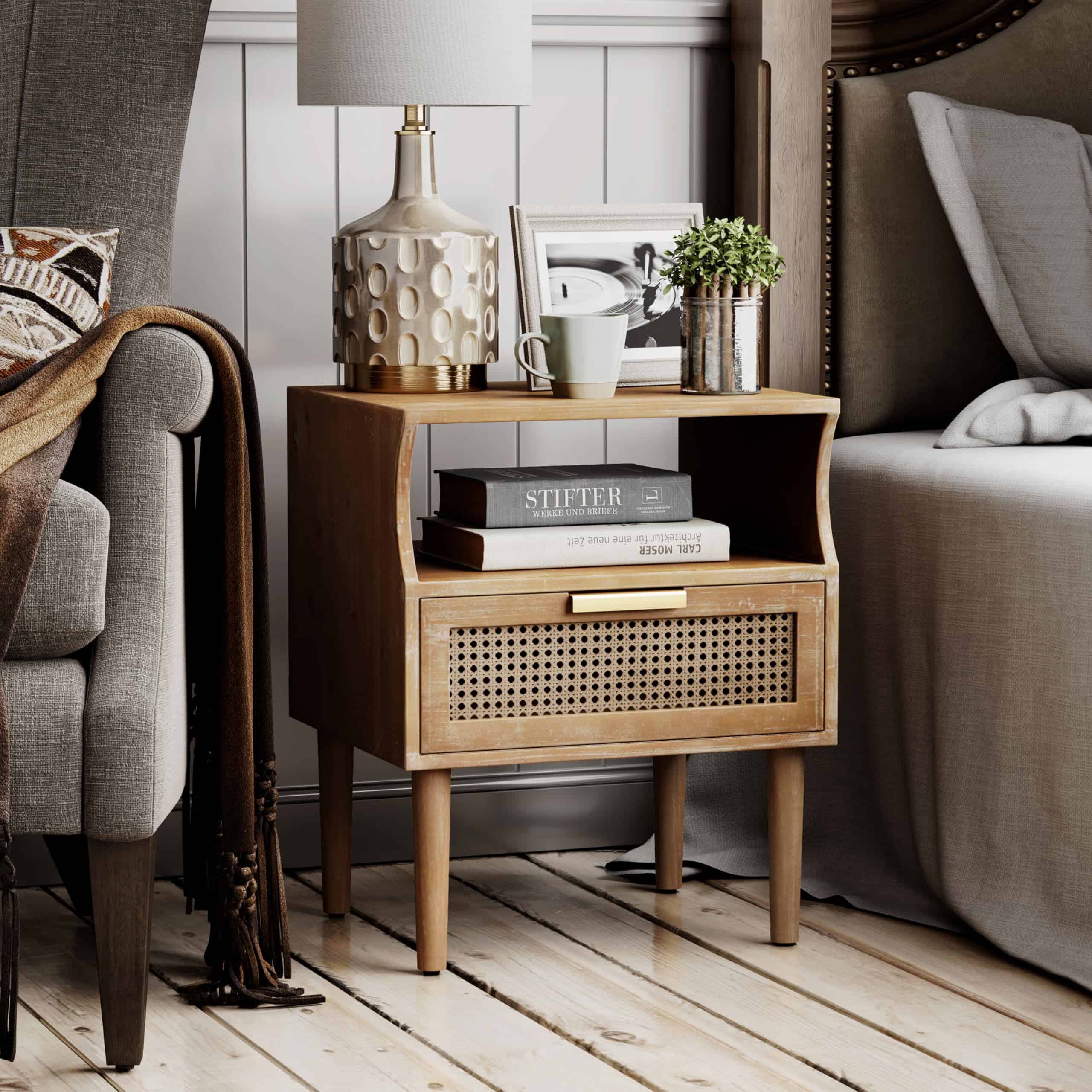 COZAYH Rustic Farmhouse Woven Fronts Nightstand, Spacious Storage End Table