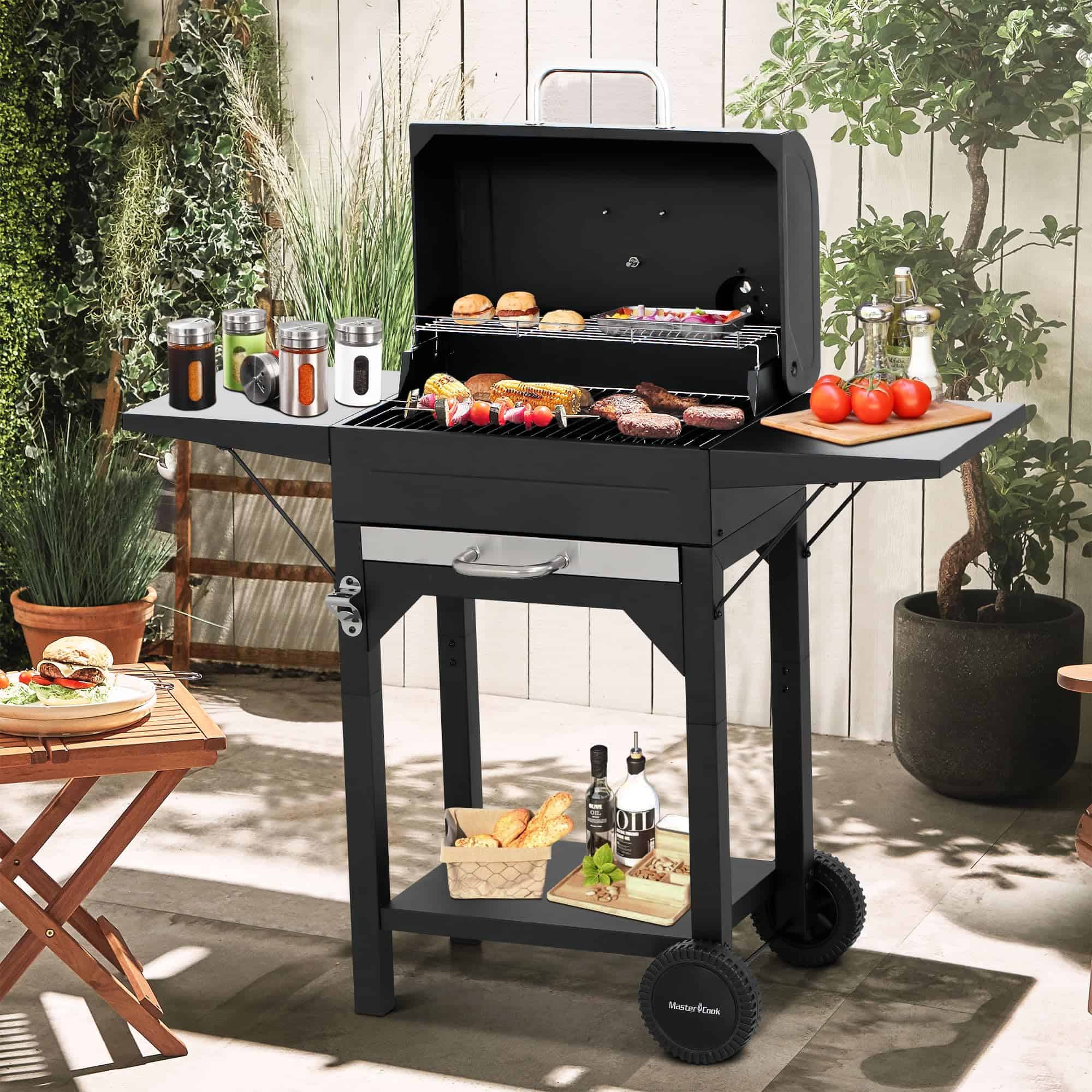 Master Cook Charcoal Grill Outdoor Barbecue 238sq Grill Small BBQ Grill with Side Table for Camping Outdoor Backyard and Patio