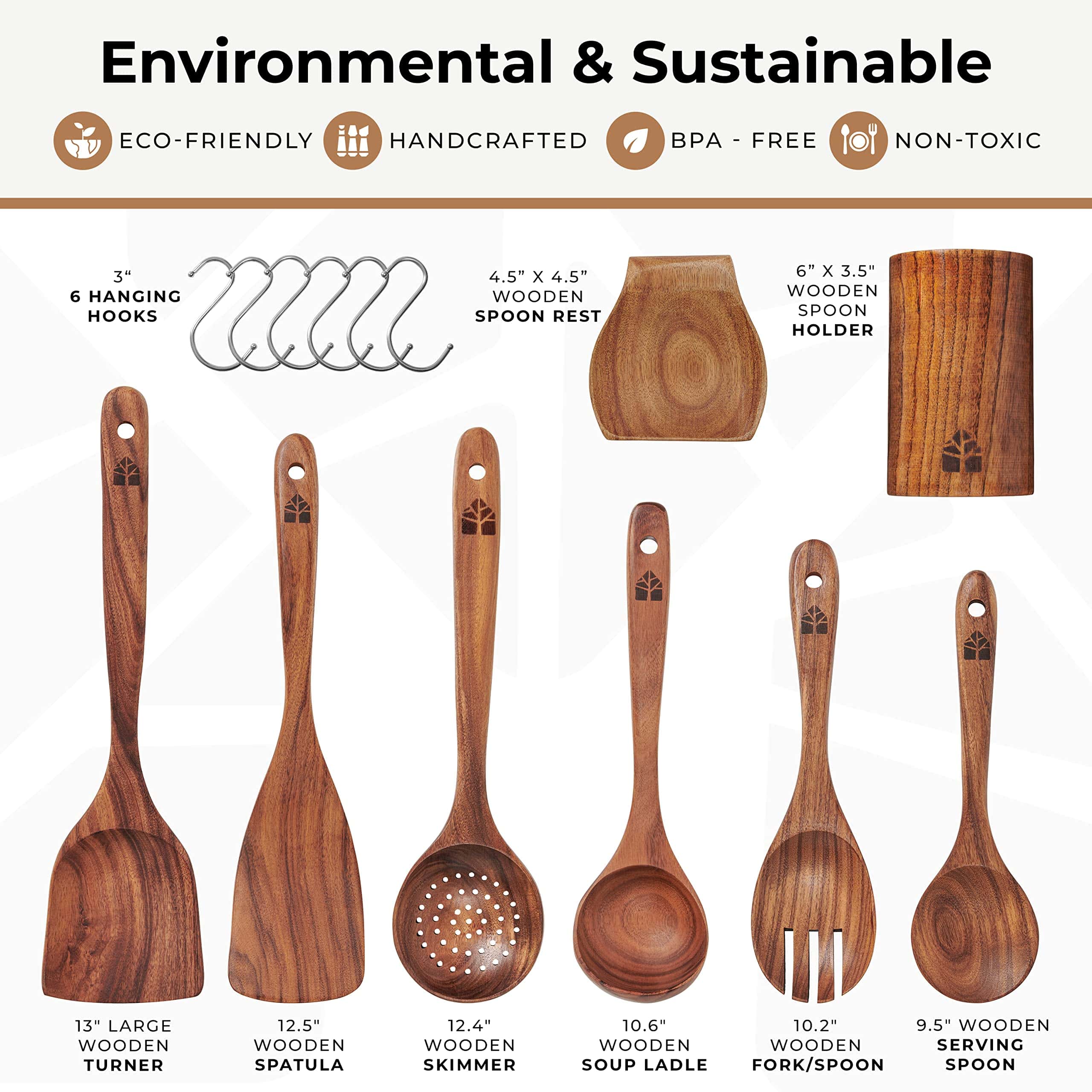 Wooden Spoons for Cooking, Wooden Cooking Utensils Set, Wooden Utensil Set with Holder, Spoon Rest & Hooks, 8-piece set