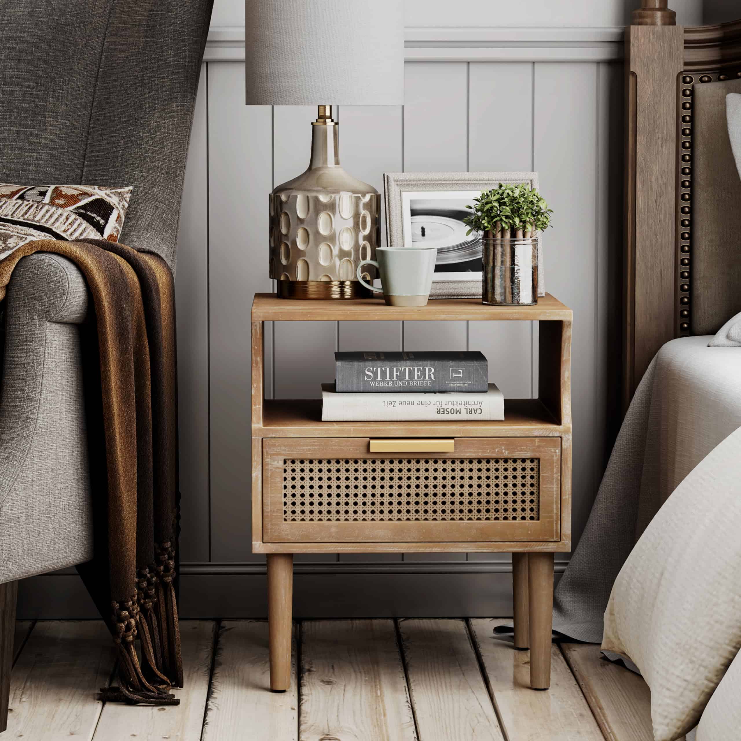 COZAYH Rustic Farmhouse Woven Fronts Nightstand, Spacious Storage End Table