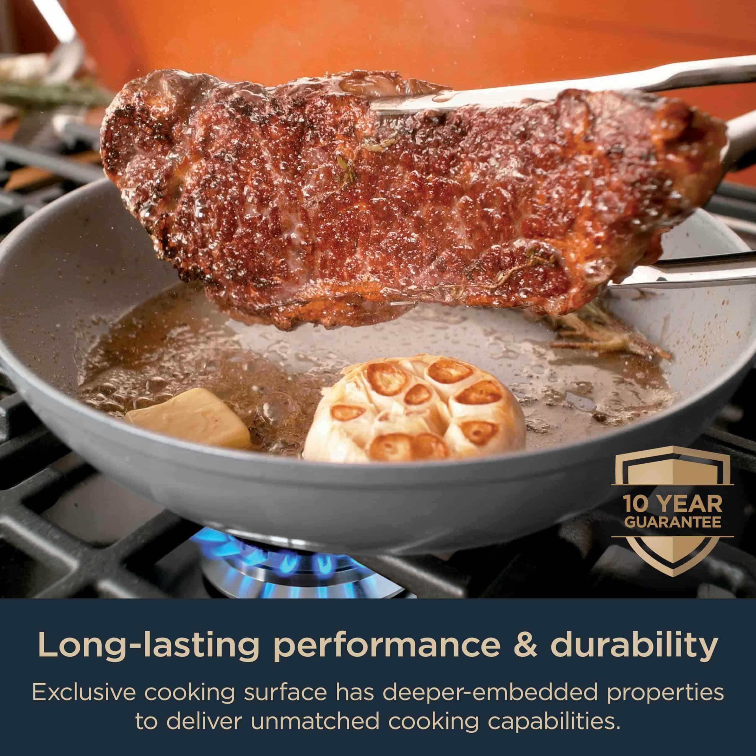 Ninja CW39010GY NeverStick Ceramic Pro, Non-Stick Pots & Pans Set with Glass Lids, PTFE Free, Ceramic Coated, Stainless Steel, Gray