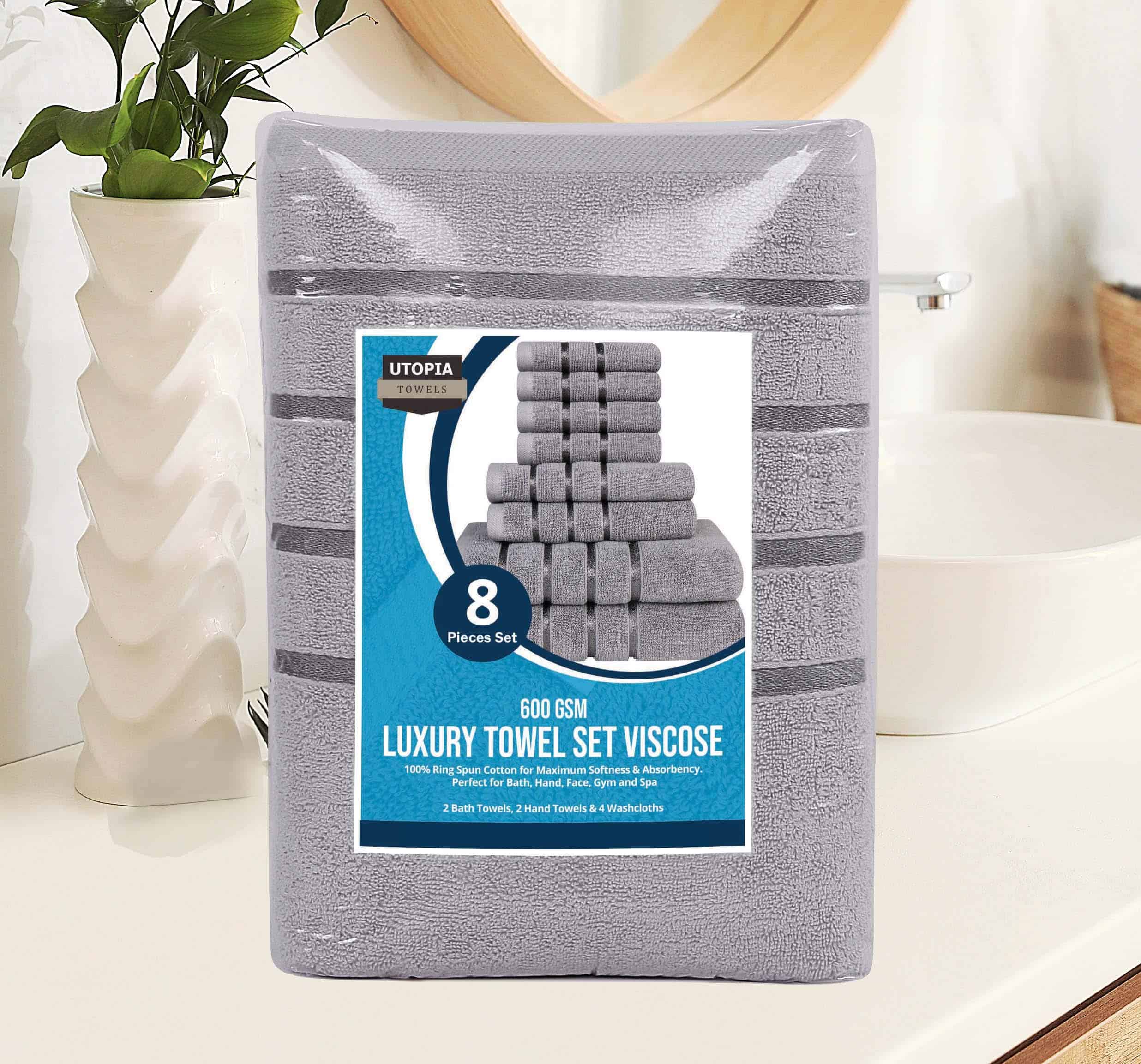Utopia Towels 8-Piece Luxury Towel Set, 2 Bath Towels, 2 Hand Towels, and 4 Wash Cloths, (Cool Grey)