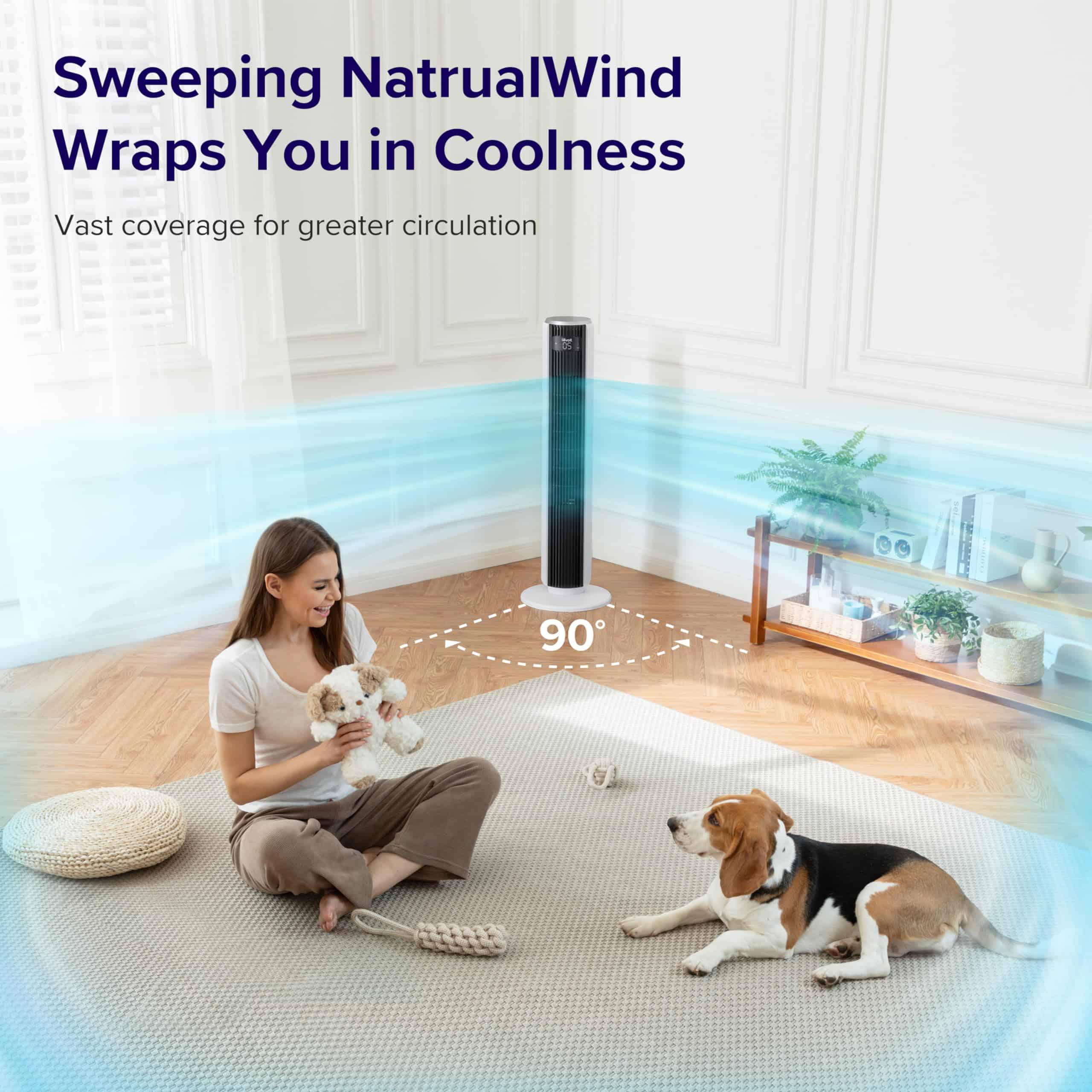 LEVOIT Tower Fan for Bedroom, 25ft/s Standing Fans that Blow Cold Air for Home, Floor Fan 90° Oscillating for Indoors, White