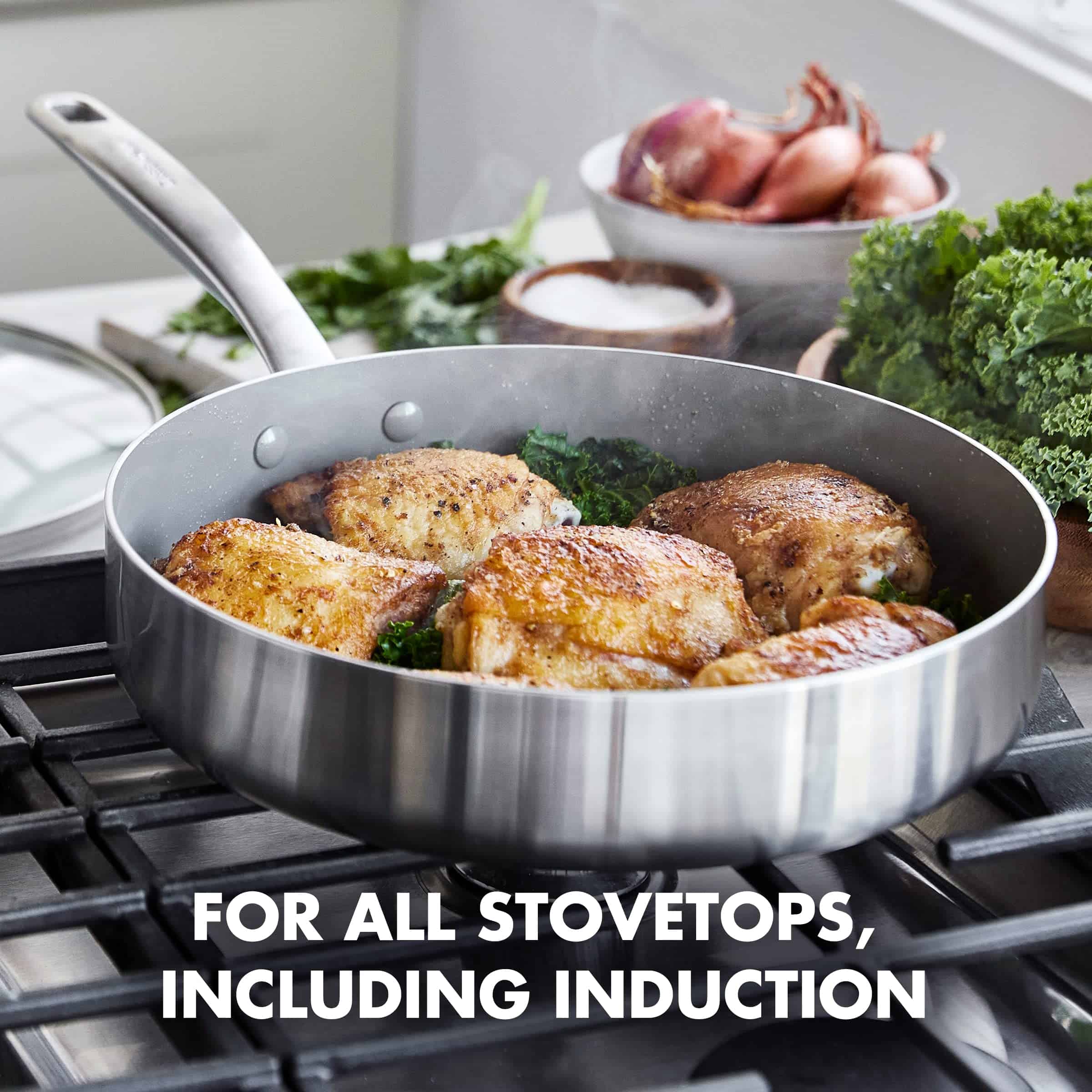 GreenPan Chatham Tri-Ply Stainless Steel Healthy Ceramic Nonstick 12 Piece Cookware Pots and Pans Set, Silver