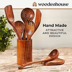 Wooden Spoons for Cooking, Wooden Cooking Utensils Set, Wooden Utensil Set with Holder, Spoon Rest & Hooks, 8-piece set