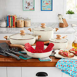 The Pioneer Woman Prairie Signature 14-Piece Cast Aluminum Cookware Set, Linen Speckle