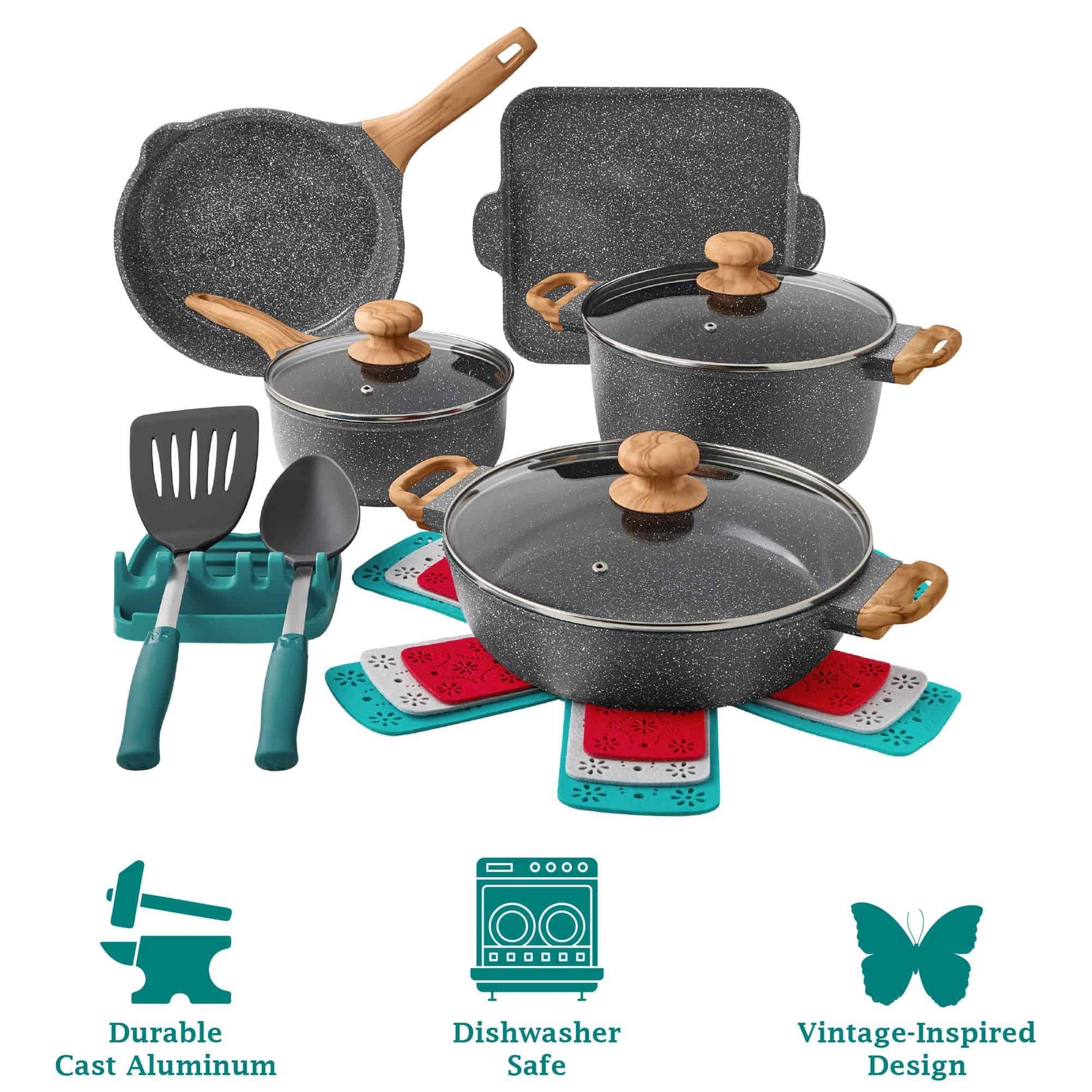 The Pioneer Woman Prairie Signature 14-Piece Cast Aluminum Cookware Set, Charcoal Speckle