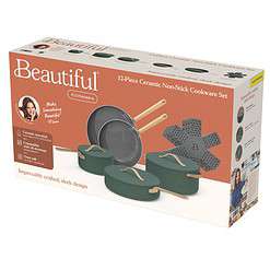 Beautiful 12pc Ceramic Non-Stick Cookware Set, Thyme Green by Drew Barrymore