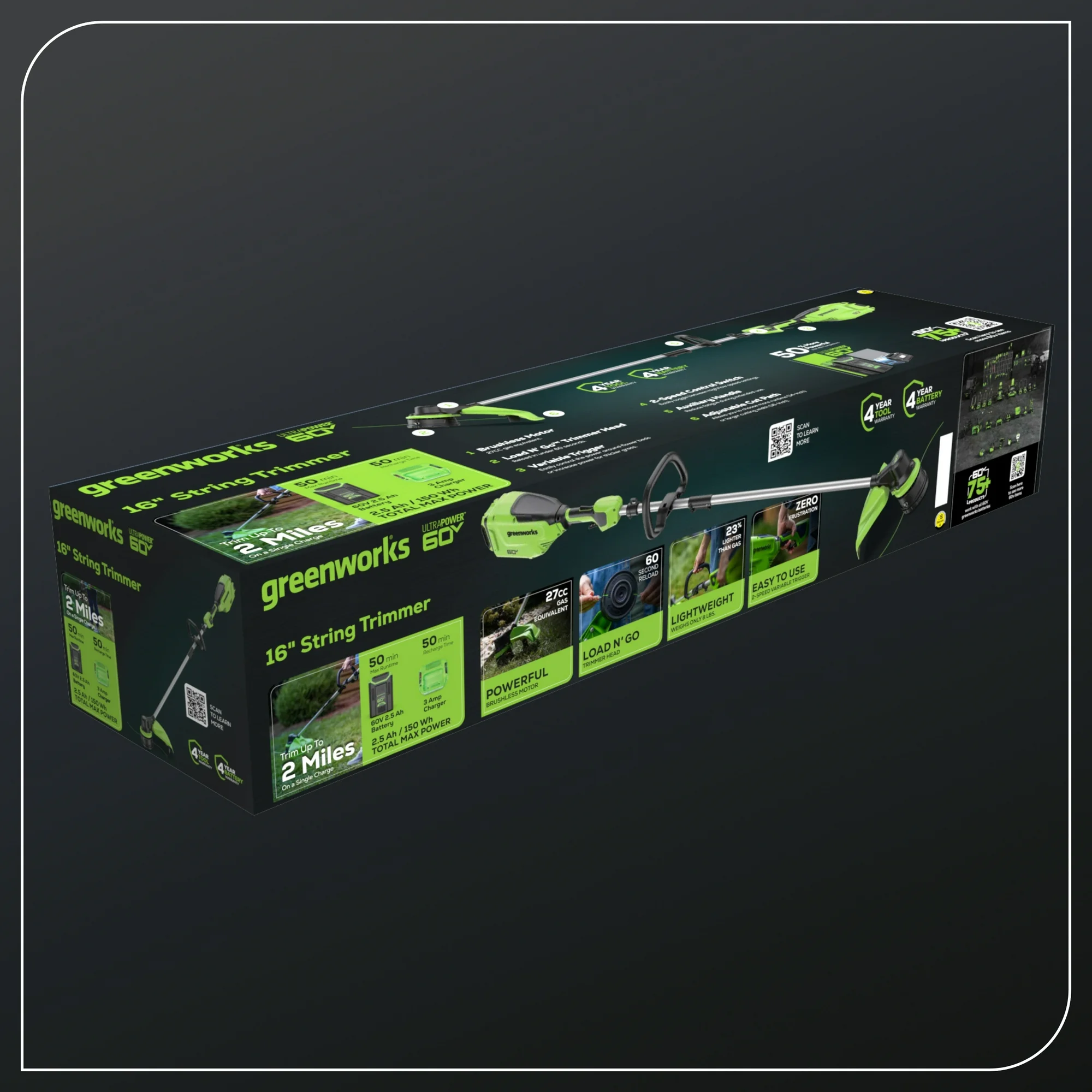 Greenworks 60V 16” Front Mount String Trimmer + 2.5Ah Battery & 3A Charger 2134302 - Image 13