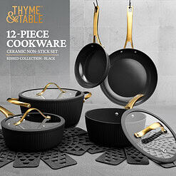 Thyme & Table Signature Ribbed 12-Piece Cookware Set Non-Stick - Black & Gold