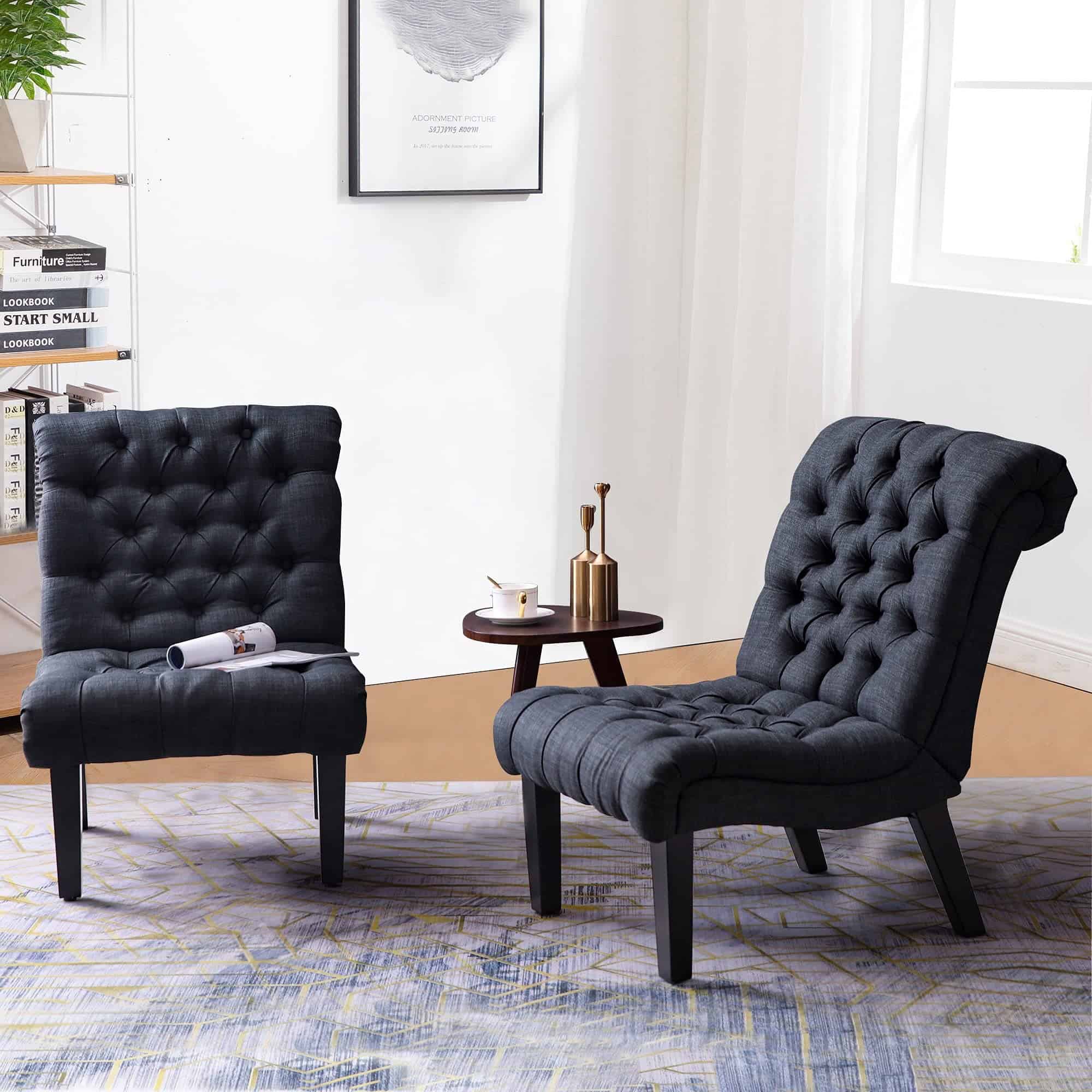 Andeworld Accent Chair for Bedroom Living Room Chairs Tufted Upholstered Lounge Chair with Wood Legs Linen Fabric, Black