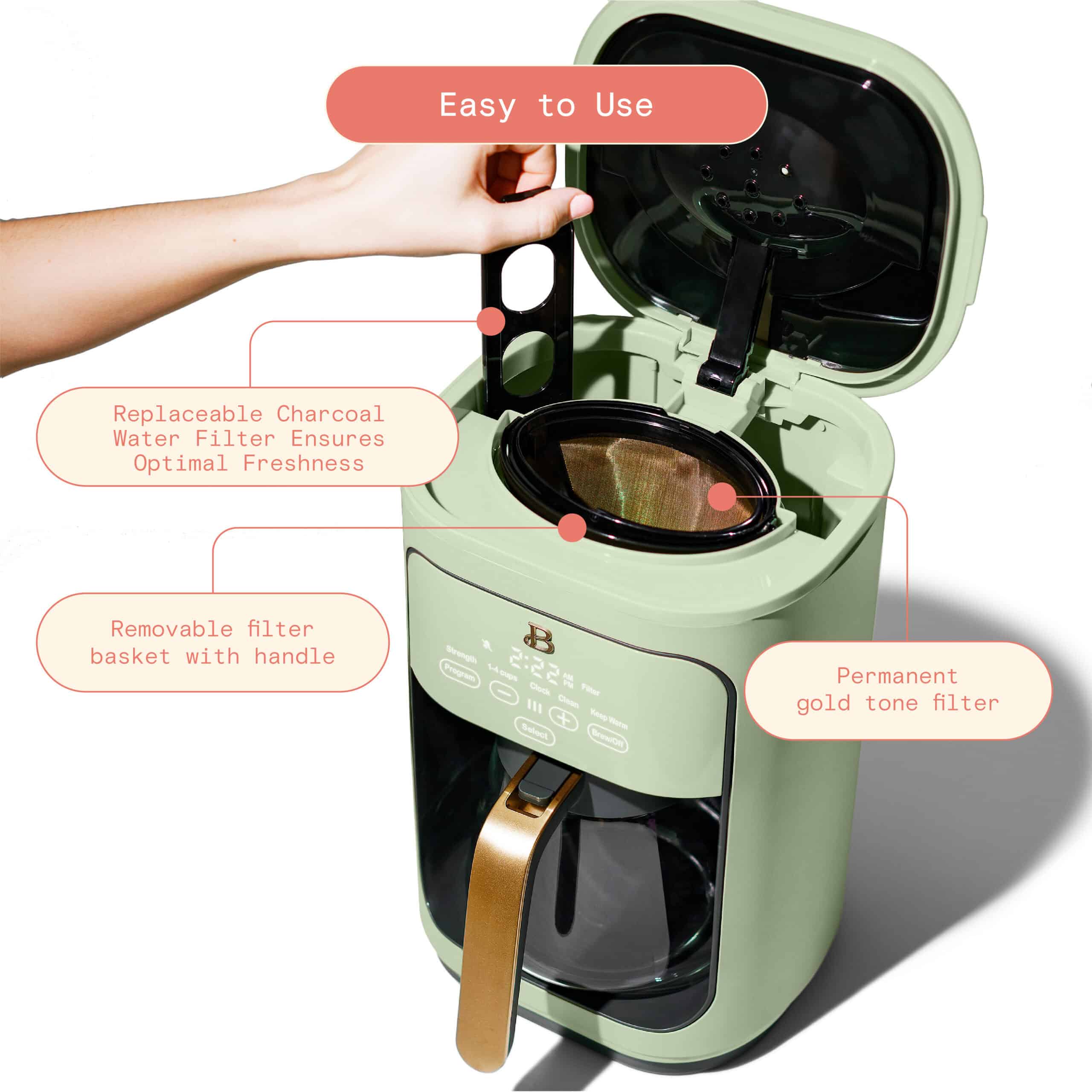 Beautiful 14-Cup Programmable Drip Coffee Maker with Touch-Activated Display, Sage Green by Drew Barrymore