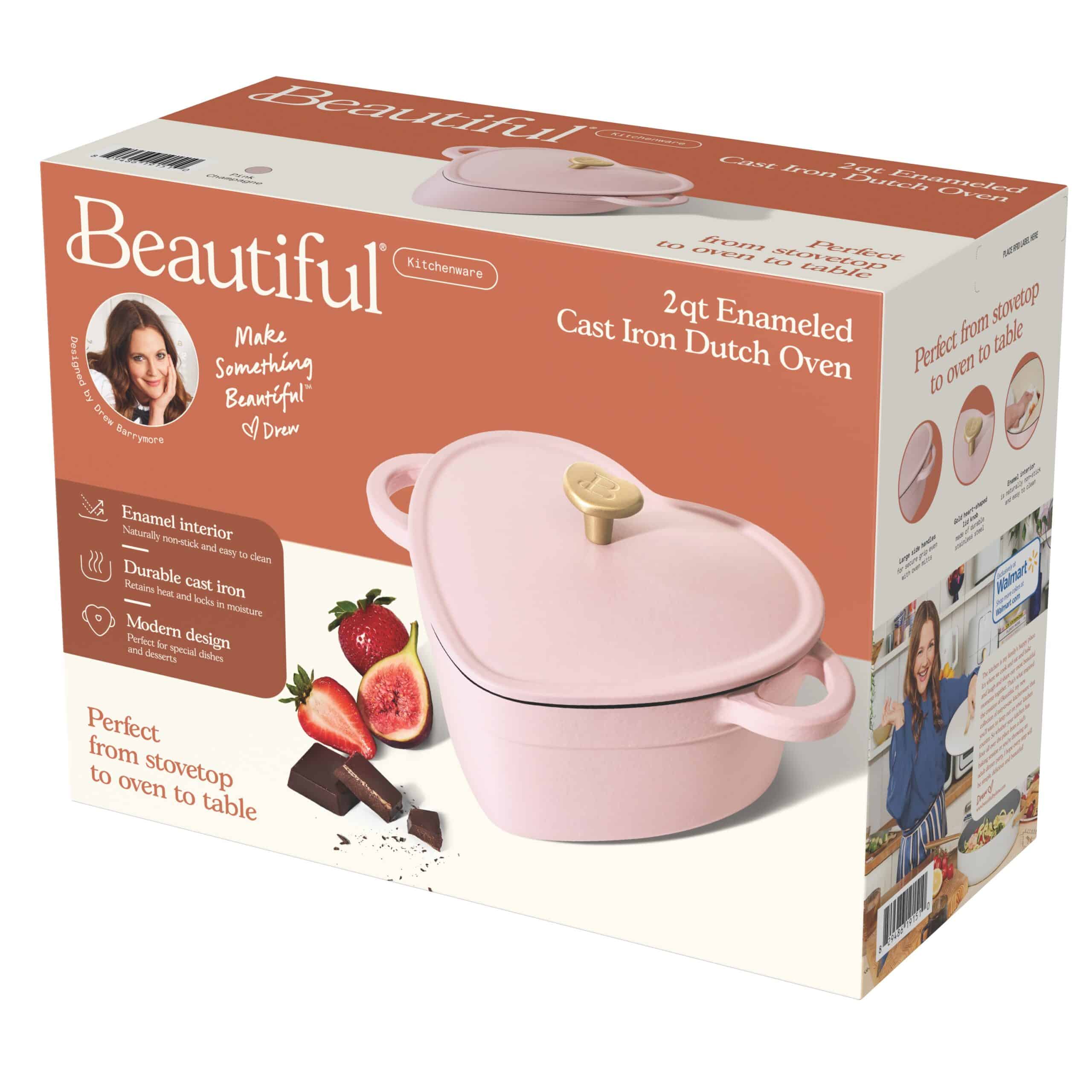 Beautiful 2QT Cast Iron Heart Dutch Oven, Pink Champagne by Drew Barrymore