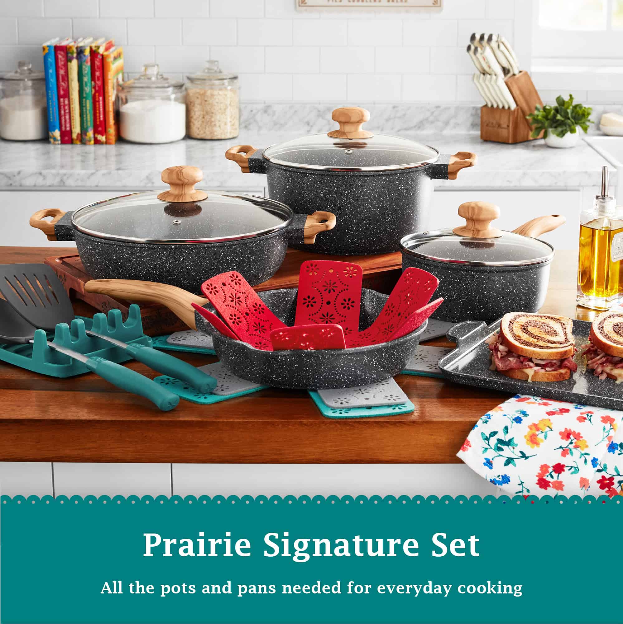 The Pioneer Woman Prairie Signature 14-Piece Cast Aluminum Cookware Set, Charcoal Speckle