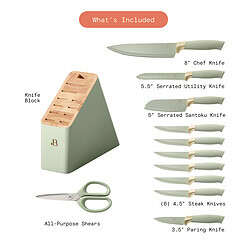 Beautiful 12pc Sage Green Stainless Steel Knife Block Set Soft-Grip Handles by Drew Barrymore