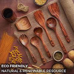 Wooden Spoons for Cooking, Wooden Cooking Utensils Set, Wooden Utensil Set with Holder, Spoon Rest & Hooks, 8-piece set