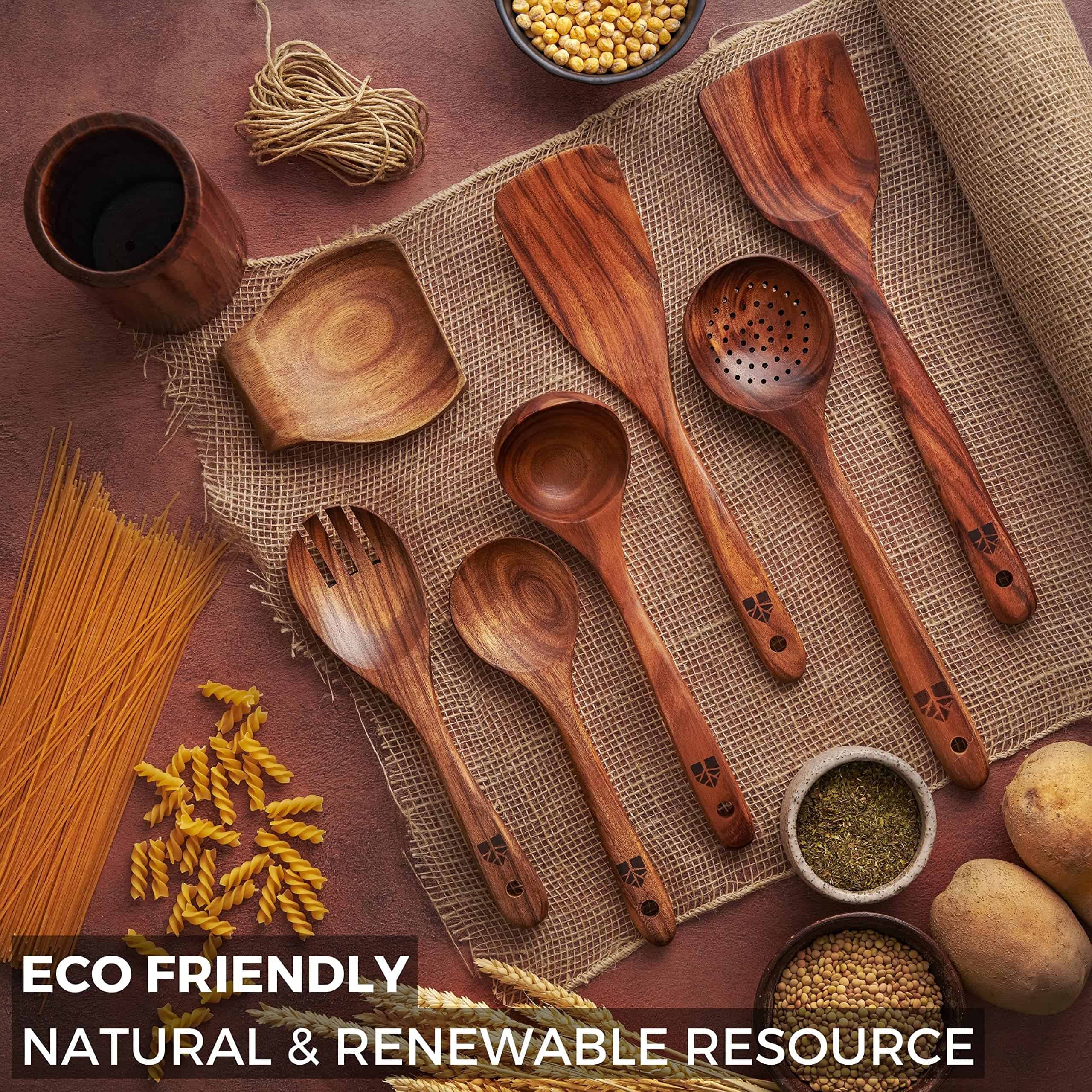 Wooden Spoons for Cooking, Wooden Cooking Utensils Set, Wooden Utensil Set with Holder, Spoon Rest & Hooks, 8-piece set