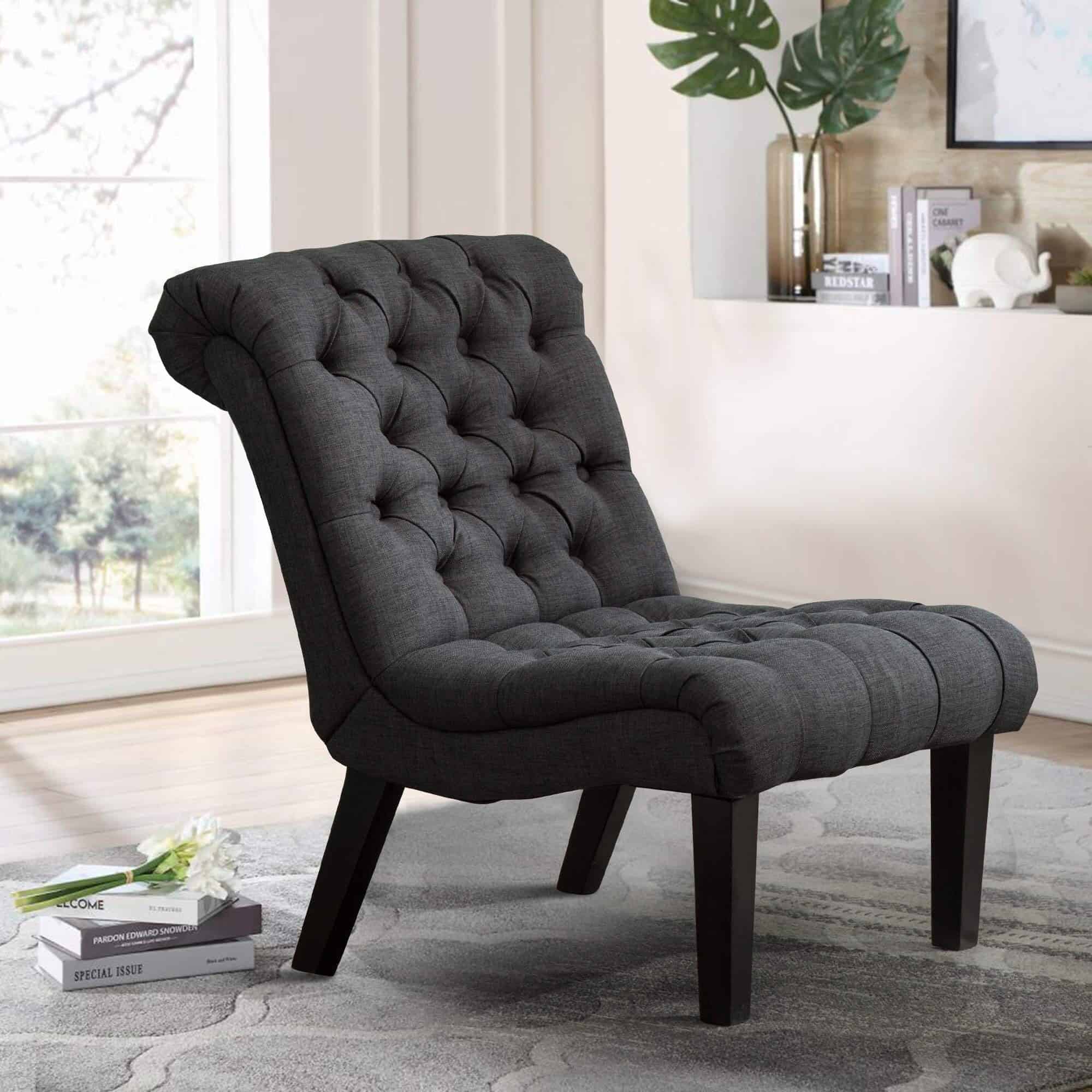 Andeworld Accent Chair for Bedroom Living Room Chairs Tufted Upholstered Lounge Chair with Wood Legs Linen Fabric, Black