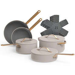 Beautiful 12pc Ceramic Non-Stick Cookware Set, Porcini Taupe by Drew Barrymore