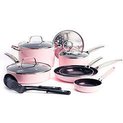 Blue Diamond Toxin-Free Ceramic and Dishwasher Safe 12-Piece Pots and Pans Cookware Set, Pink