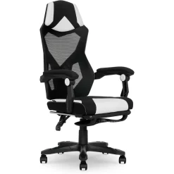 Gamer Gear Gaming Office Chair with Extendable Leg Rest, White and Black Fabric Upholstery