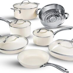 Gotham Steel Nonstick Pots and Pans Set 12 Piece Ceramic Cookware Kitchen Set with Frying Skillet, Saucepan, Cream