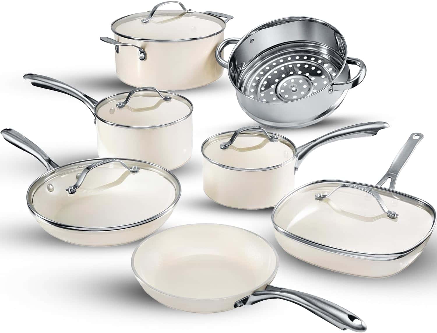 Gotham Steel Nonstick Pots and Pans Set 12 Piece Ceramic Cookware Kitchen Set with Frying Skillet, Saucepan, Cream