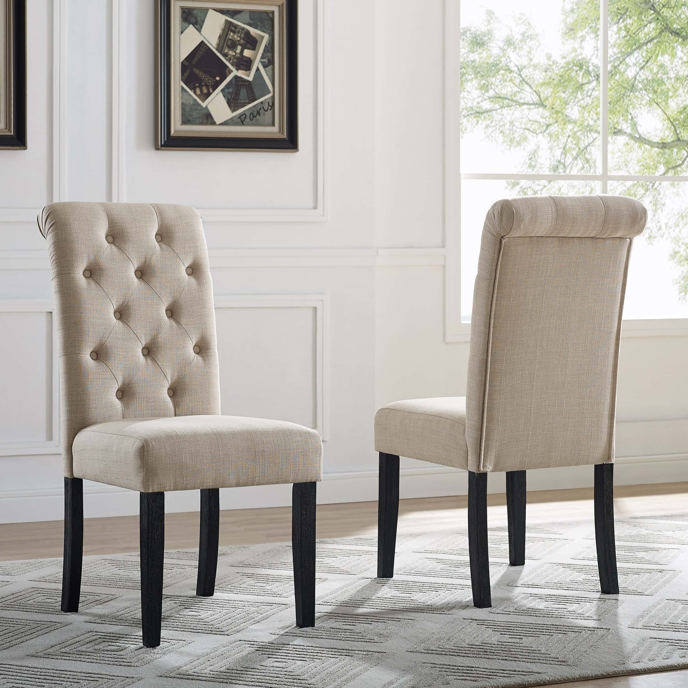Roundhill Furniture Leviton Solid Wood Tufted Dining Chair (Set of 2), Tan