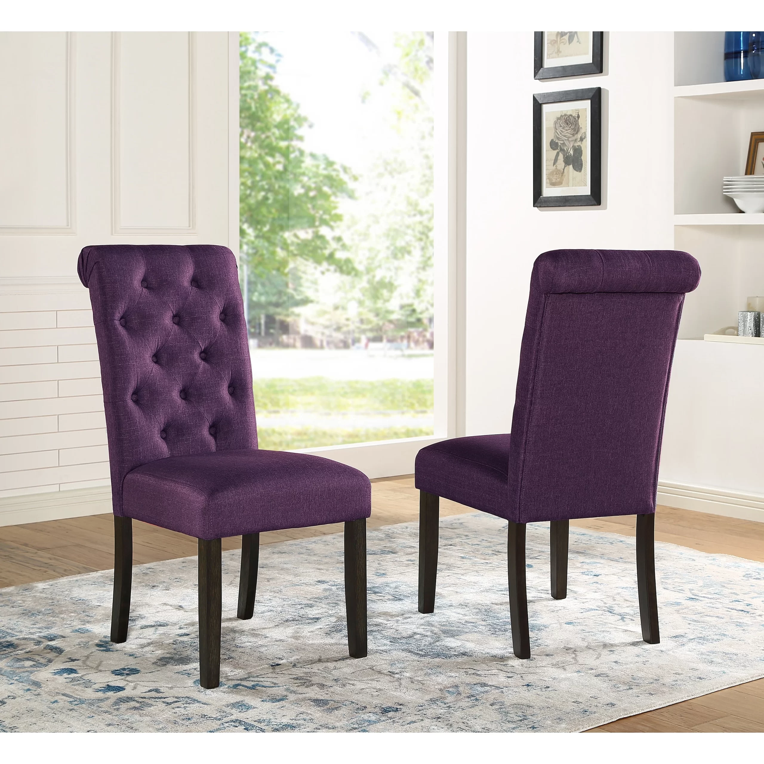 Roundhill Furniture Leviton Solid Wood Tufted Dining Chair (Set of 2), Purple