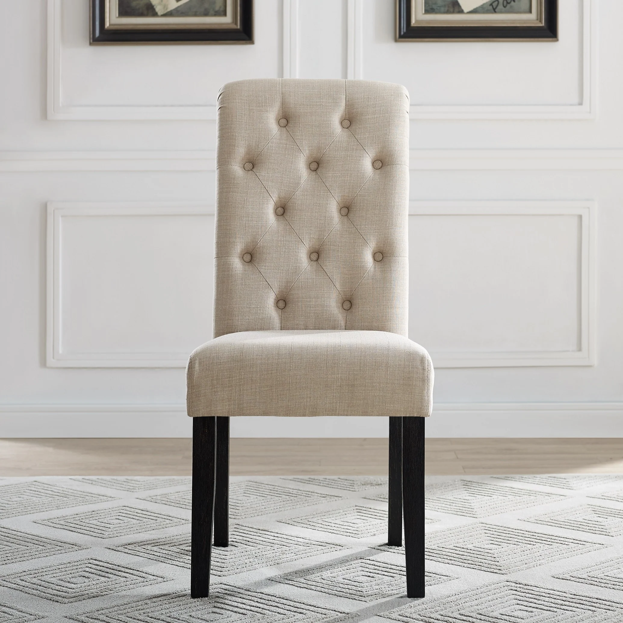 Roundhill Furniture Leviton Solid Wood Tufted Dining Chair (Set of 2), Tan