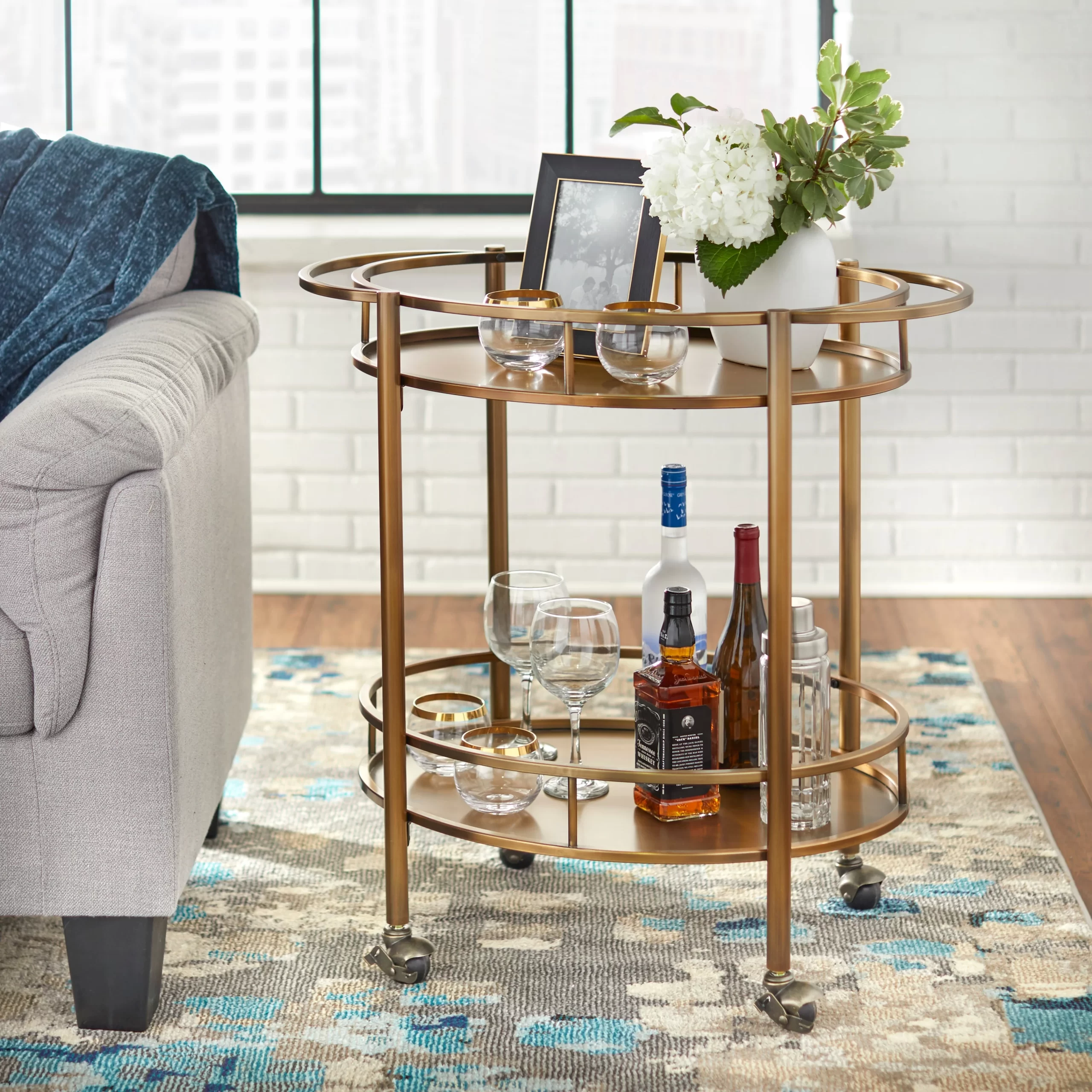 Lifestorey Devin Oval Metal Bar Cart, Gold