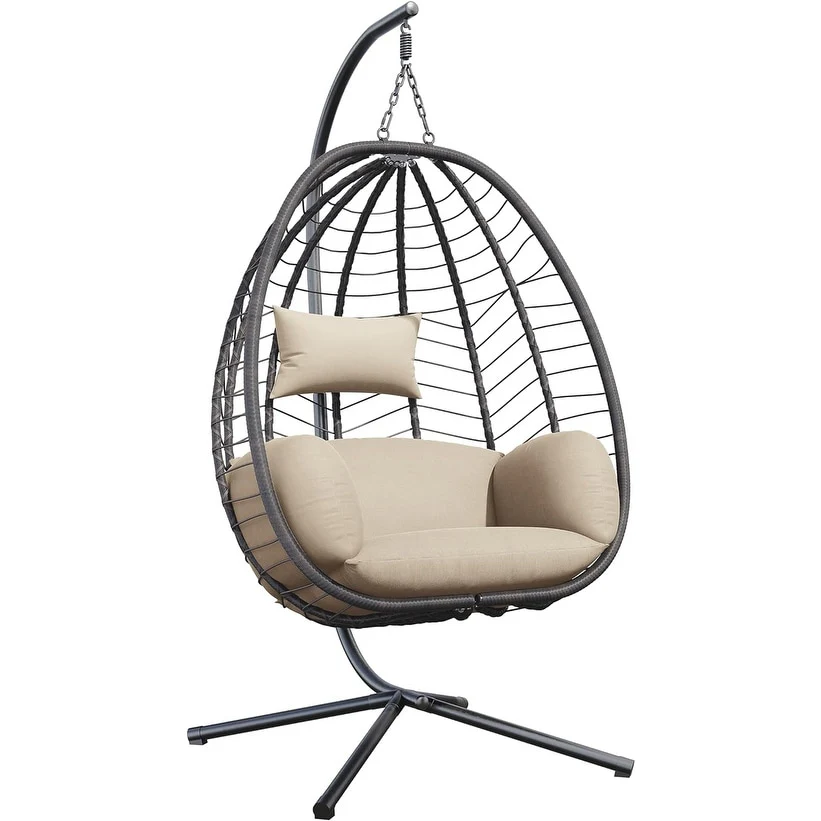 Kullavik Outdoor Wicker Hammock Hanging Egg Chair with Stand, Khaki