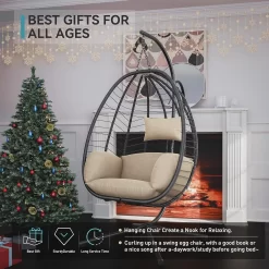 Kullavik Outdoor Wicker Hammock Hanging Egg Chair with Stand, Khaki