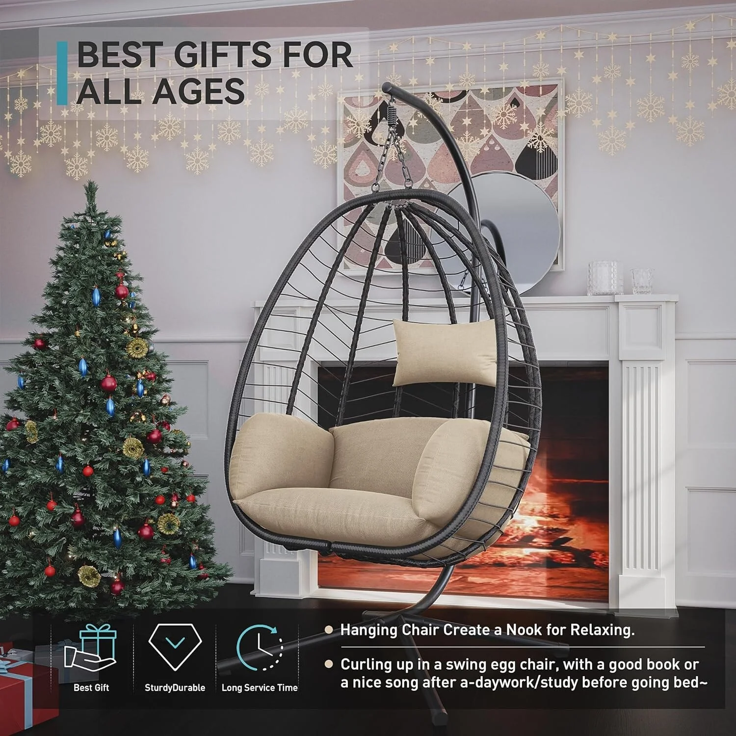 Kullavik Outdoor Wicker Hammock Hanging Egg Chair with Stand, Khaki