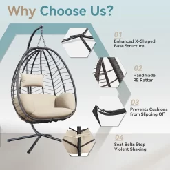 Kullavik Outdoor Wicker Hammock Hanging Egg Chair with Stand, Khaki