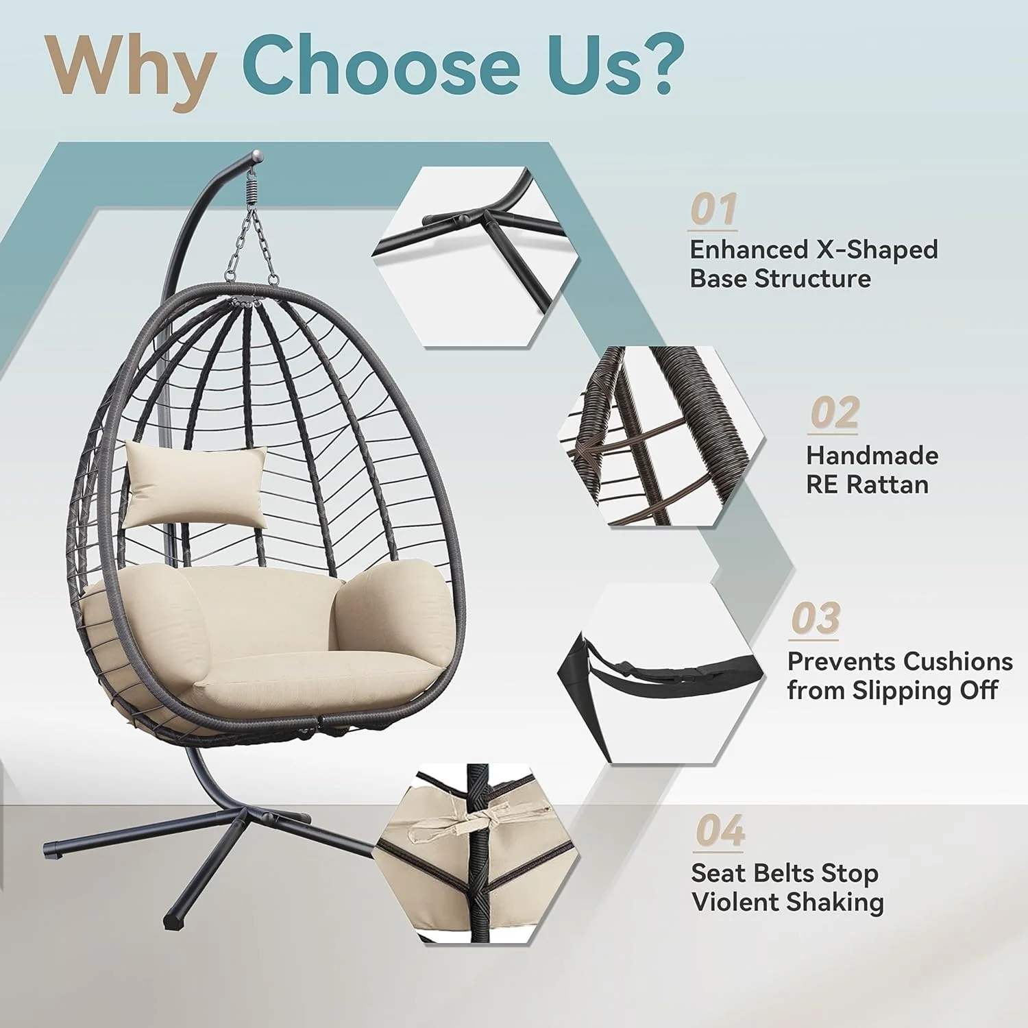 Kullavik Outdoor Wicker Hammock Hanging Egg Chair with Stand, Khaki