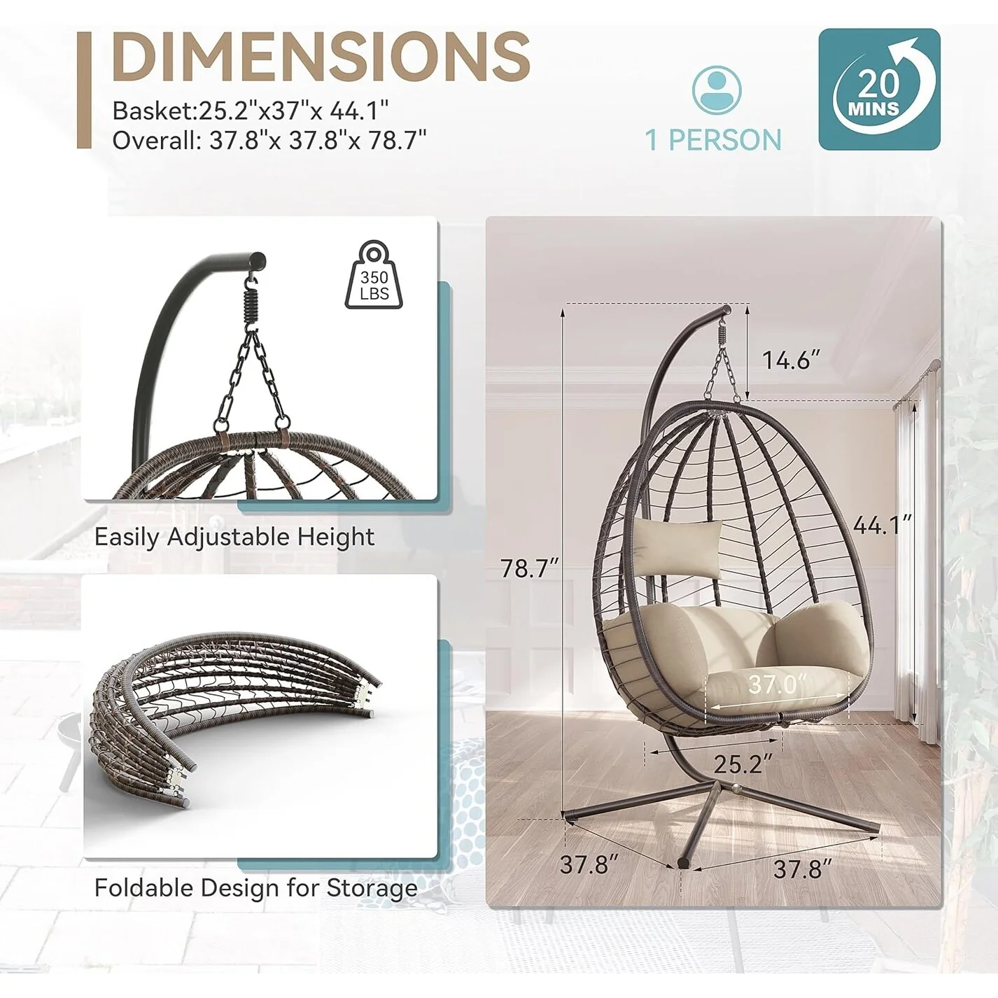 Kullavik Outdoor Wicker Hammock Hanging Egg Chair with Stand, Khaki