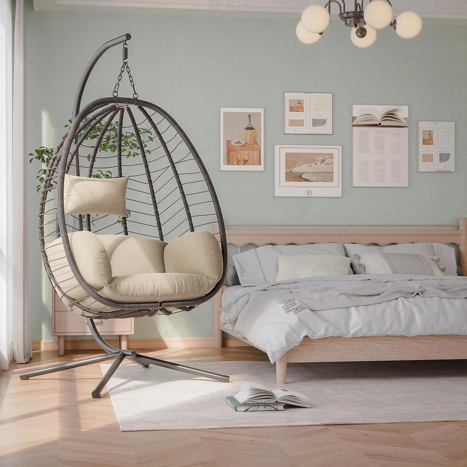 Kullavik Outdoor Wicker Hammock Hanging Egg Chair with Stand, Khaki