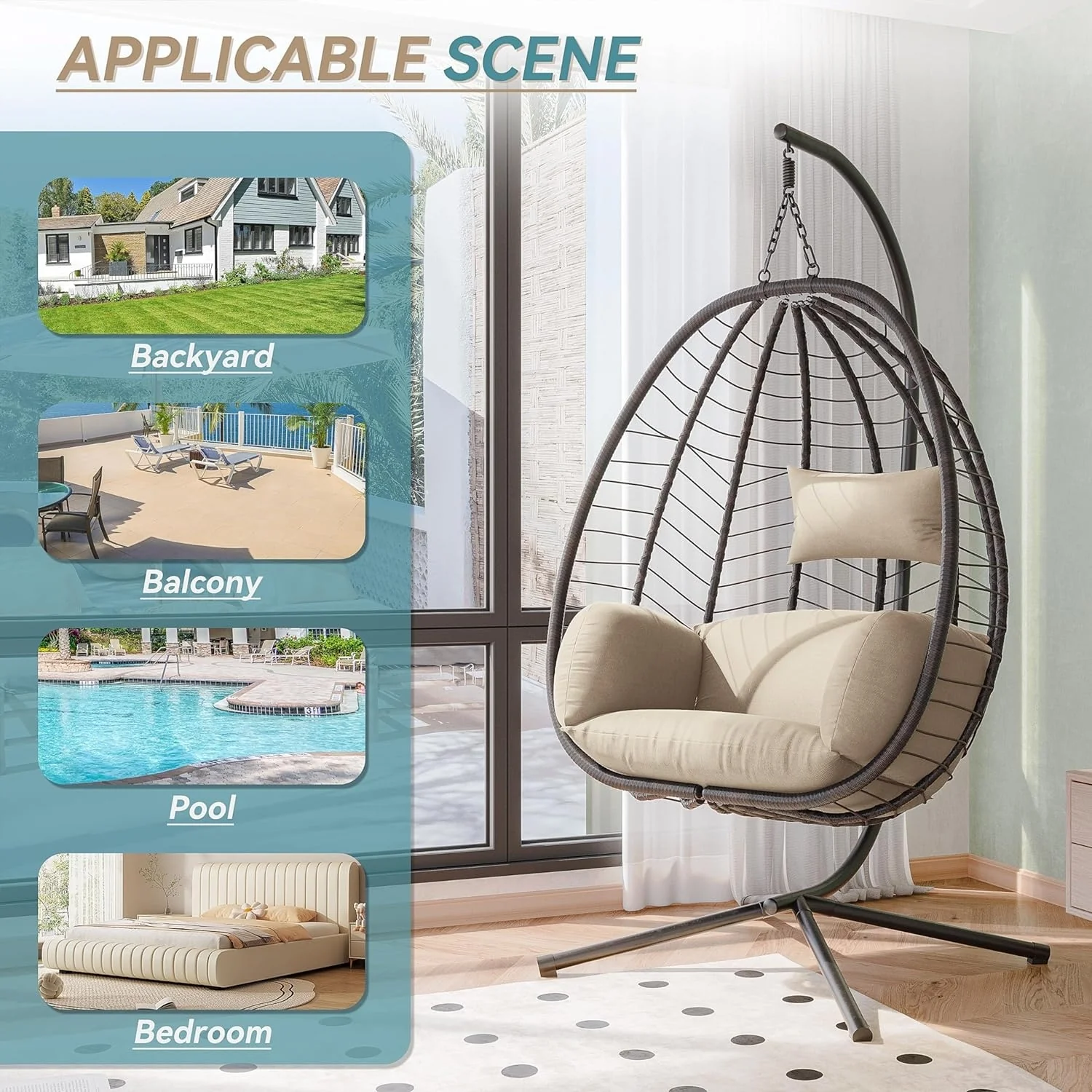 Kullavik Outdoor Wicker Hammock Hanging Egg Chair with Stand, Khaki