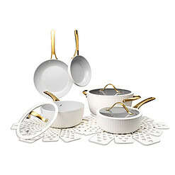 Thyme & Table Signature Ribbed 12-Piece Cookware Set Non-Stick- White & Gold